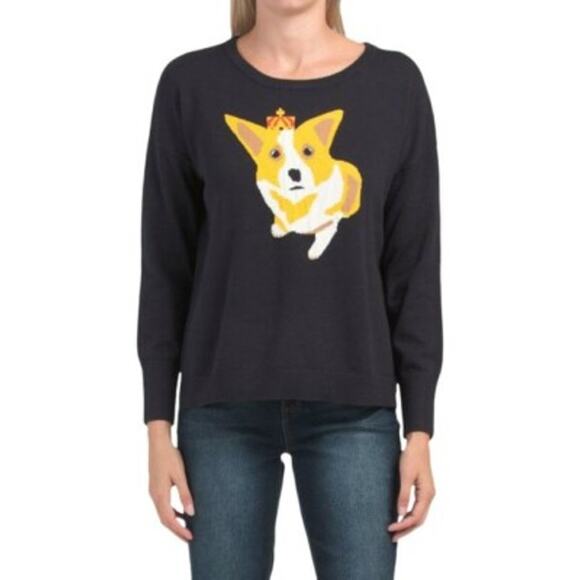 French Connection Sweater Corgi Dog Women's Small Navy Blue Crewneck New Crowned - Picture 1 of 7